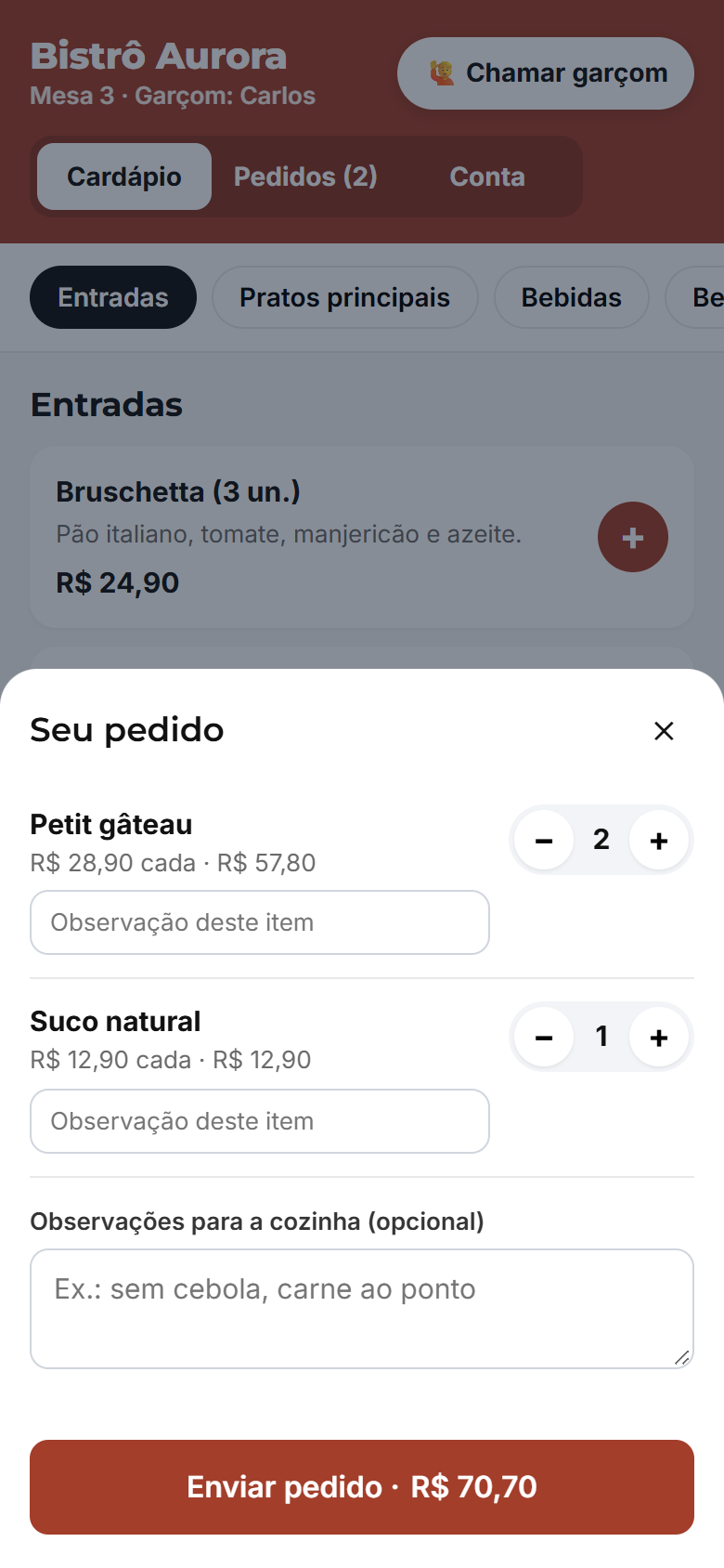 Carrinho de pedido com observações