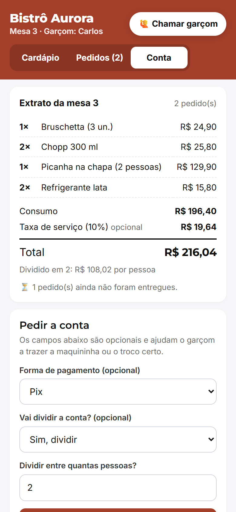Extrato da mesa e pedido de conta com divisão